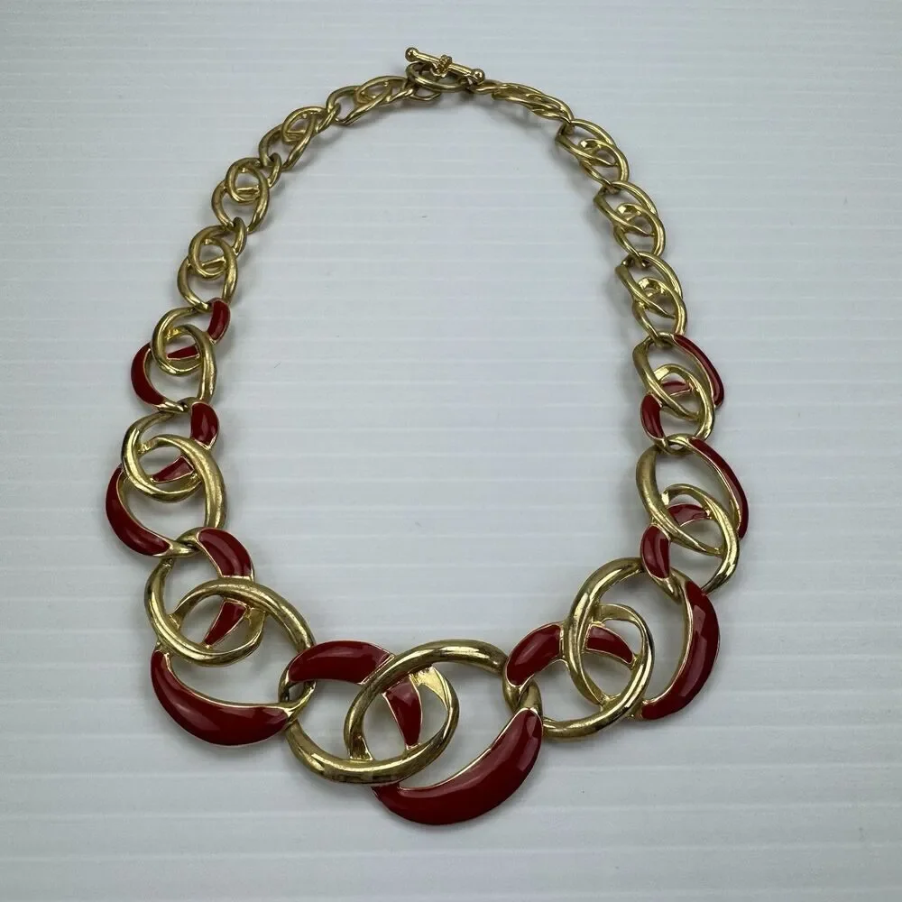 Vintage Necklace Red Enamel Gold Tone Chain Link Choker 80s Glamour 17